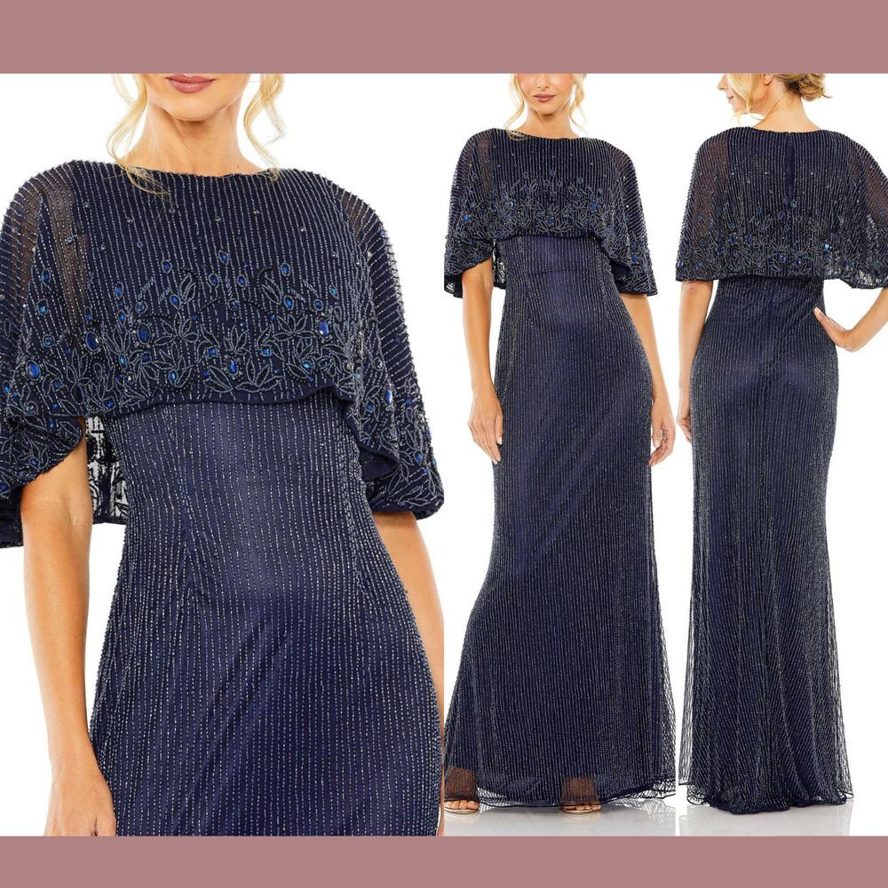NWT $598 Mac Duggal [ 10 ] 5797 Embellished Cape High Neck Column Gown Blue Q836